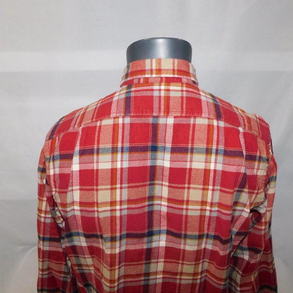 Eddie Bauer Men S Relaxed Fit Red Cream Blue Plaid Button Front LS Flannel Shirt - Picture 8 of 9